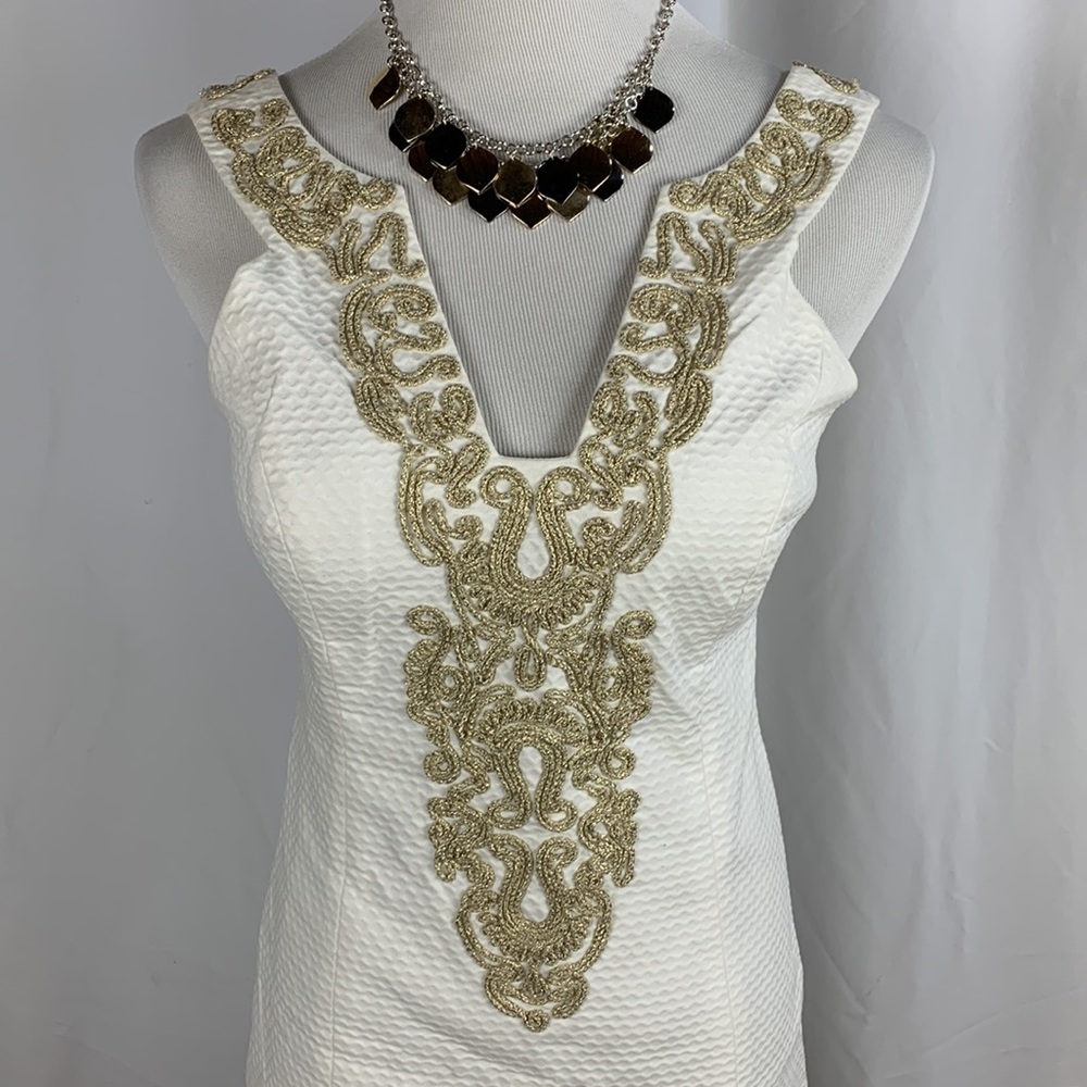 Lilly Pulitzer Suzette White Cotton Shift Dress with Gold Braid Trim - Picture 2 of 8
